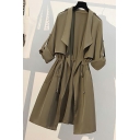 Women Urban Solid Spread Collar Ruched Detail Long-Sleeved Loose Open Front Trench Coat