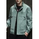 Guys Leisure Jacket Plain Pocket Long-Sleeved Spread Collar Relaxed Zip Placket Jacket