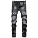 Novelty Guy's Solid Broken Hole Mid Rise Long Length Straight Zip Closure Jeans