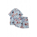 Modern Tropical Print Short Sleeve Notched Collar with Shorts Baggy Two Piece Set for Men