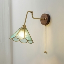 Simple Walnut Switch Wall Lamp with Art Glass Shade for Bedroom