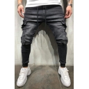 Retro Mens Whole Colored Mid Rise Full Length Skinny Drawstring Waist Flap Pocket Jeans