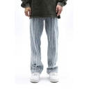 Elegant Whole Colored Raw Edge Detailed Mid Rise Full Length Baggy Zipper Jeans for Guys