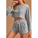 Ladies Modern Solid Color Long Sleeves Crew Neck Tee Shirt & Drawstring Shorts Co-ords