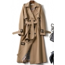 Elegant Women Plain Belt Lapel Collar Long Sleeve Fitted Double-Breasted Trench Coat