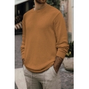 Warm Mens Pure Color Long Sleeves Round Neck Relaxed Ribbed Hem Pullover Knitwear