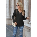 Casual Ladies Solid Color Long Sleeves V-neck Button Designed Fitted Tee Shirt