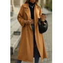 Women Hot Solid Color Lapel Collar Long Sleeves Belt-up Double-Breasted Trench Coat