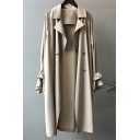 Women Street Look Pure Color Lapel Collar Long Sleeve Double Breasted Trench Coat