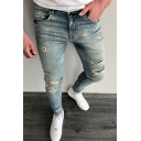 Chic Whole Colored Mid Waist Slimming Broken Hole Zip Fly Jeans for Boys