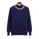 Casual Womens Solid Beading Decoration Crew Neck Long Sleeve Fitted Knitted Top