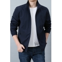 Cool Guys Solid Color Pocket Long-Sleeved Stand Collar Fitted Zip Down Jacket