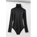Pop Pure Color Long Sleeve High Collar Slim Fitted Bodysuit for Women