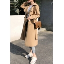 Fashion Ladies Pure Color Pocket Long Sleeve Lapel Collar Fitted Double Breast Trench Coat