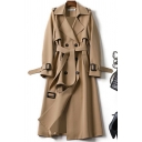 Women Hot Pure Color Lapel Collar Long Sleeves Belt-up Double-Breasted Trench Coat