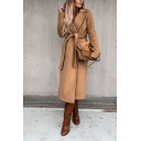 Girl's Urban Solid Notched Collar Long Sleeves Belt Regular Open Front Trench Coat