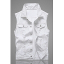Men Freestyle Plain Chest Pocket Sleeveless Spread Neck Loose Single Breasted Denim Vest