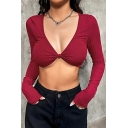 Vintage Ladies Plain V Neck Skinny Long Sleeves Cropped Knitted Top