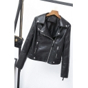 Girl's Trendy Solid Pocket Detailed Lapel Collar Long Sleeves Zip Down Leather Jacket