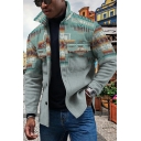 Men's Casual Jacket Long Sleeve Stand Collar Stripe Printed Single Breasted Jacket