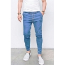Men Boyish Pure Color Pocket Decoration Mid Rise Skinny Drawstring Waist Jeans