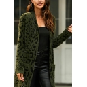 Fancy Ladies Leopard Print Collared Long Sleeves Pocket Front Open Front Knitted Top