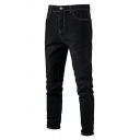 Popular Guy's Plain Mid Waist Slim Fit Pocket Straight Zip Placket Jeans