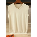 Basic Pure Color V-neck Sleeveless Loose Fitted Rib Hem Knitted Vest for Guys