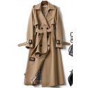 Elegant Women Plain Front Belt Lapel Collar Long Sleeve Fitted Double-Breasted Trench Coat