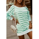 Fashionable Ladies Striped Printed Long Sleeve Relaxed Crew Collar Backless Tee Top