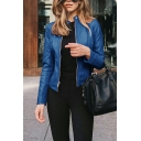 Chic Solid Color Pocket Stand Collar Fitted Long Sleeves Zip Fly Leather Jacket for Ladies