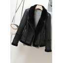 Fashionable Ladies Solid Pocket Lapel Collar Long Sleeve Regular Zip Up Leather Jacket