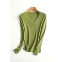 Casual Womens Whole Colored V-Neck Long Sleeve Regular Fitted Knitted Top