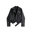 Ladies Edgy Pure Color Pocket Lapel Collar Long Sleeve Zip Fly Leather Jacket