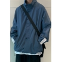 Boyish Contrast Line Pocket Long Sleeve Spread Collar Baggy Button Fly Jacket for Guys