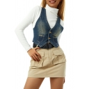 Casual Whole Colored Sleeveless V Neck Double Buttons Crop Denim Vest for Women