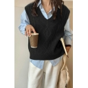 Hot Girls Pure Color Sleeveless Relaxed Cable Knit V Neck Knitted Vest