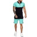 Men Classic Contrast Color Short Sleeve Zip-up Polo Shirt & Drawcord Shorts Slim Co-ords