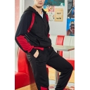 Edgy Contrast Color Long Sleeve Zip down Hoodie & Pants Drawstring Two Piece Set for Men