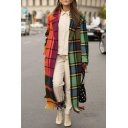 Casual Checked Print Lapel Collar Tassel Long-Sleeved Open Front Trench Coat for Women
