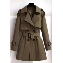 Simple Women Solid Lapel Collar Belt Fitted Long Sleeve Double Breasted Trench Coat