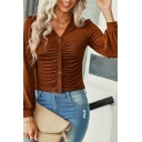 Cozy Solid Color V Neck Long-sleeved Ruched Button down Crop Knitted Top for Ladies