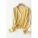 Dashing Whole Colored V Neck Long-sleeved Fitted Button down Knitted Top for Ladies