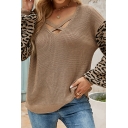 Women Leisure Leopard Pattern V Neck Long Sleeves Hollow Designed Knitted Top