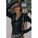 Simple Girls Pure Color Long-sleeved V Neck Skinny Knitted Top