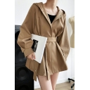 Women Urban Solid Hooded Collar Belt Long-Sleeved Loose Fit Button Placket Trench Coat