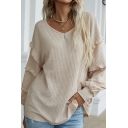 Leisure Pure Color Long-sleeved V Neck Baggy Ruffles Designed T-shirt for Women