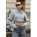 Ladies Urban Whole Colored Crew Collar Long Sleeves Regular Crop Knitted Top
