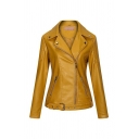 Chic Solid Color Pocket Lapel Collar Skinny Long Sleeves Zip Fly Leather Jacket for Ladies