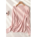Casual Women Pure Color Long Sleeve Regular Fitted V-neck Knitted Top